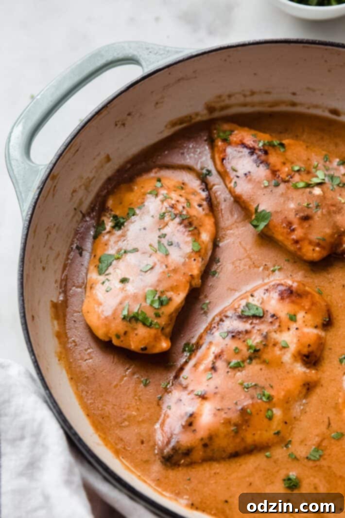 Pan of chicken simmering in creamy gravy with fresh herbs, ready to serve
