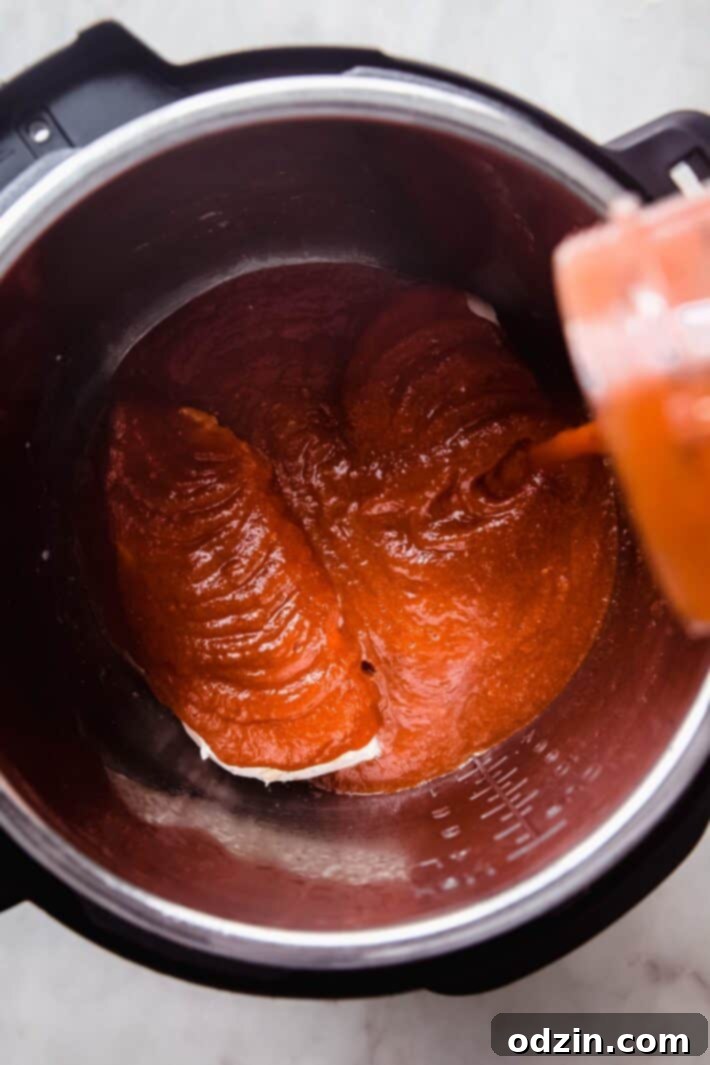 Smoky Instant Pot Chicken Tinga Bowls 5 pouring chicken Tinga sauce over chicken breasts in instant pot