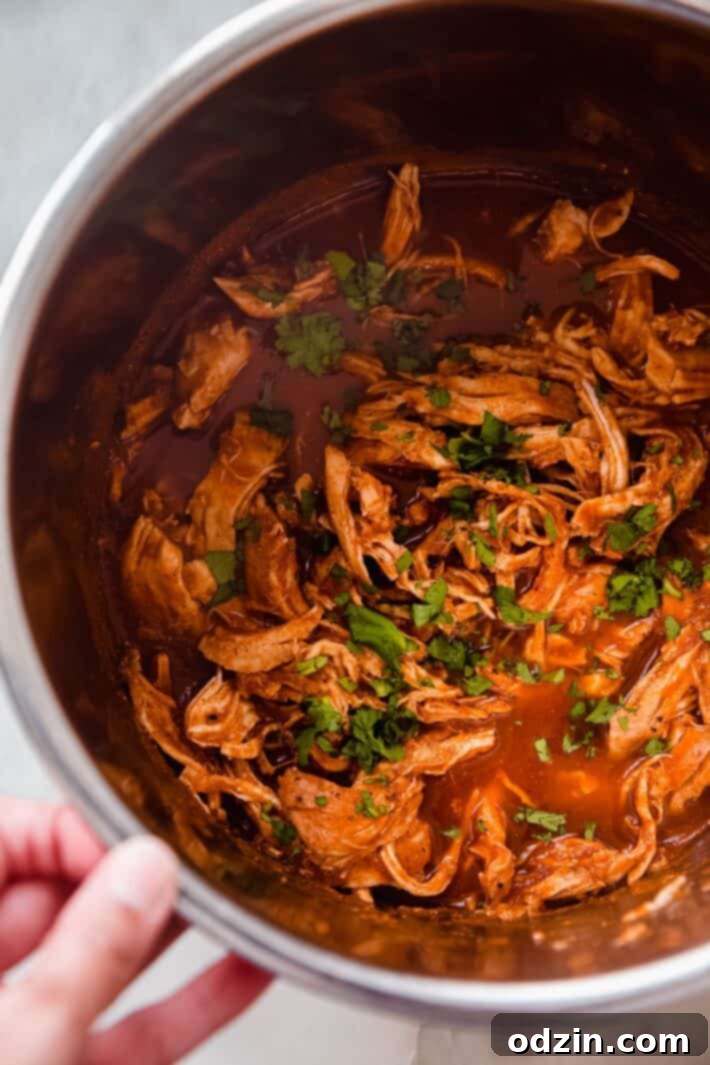 Smoky Instant Pot Chicken Tinga Bowls 6 shredded Chicken Tinga in instant pot topped with cilantro