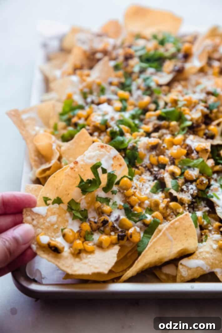 tortilla chips topped with butter fire-roasted corn, creamy and cilantro on sheet pan