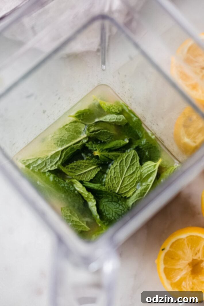 Fresh mint leaves, lemon slices, and sugar are ready to be blended for frozen mint lemonade on a white marble surface.
