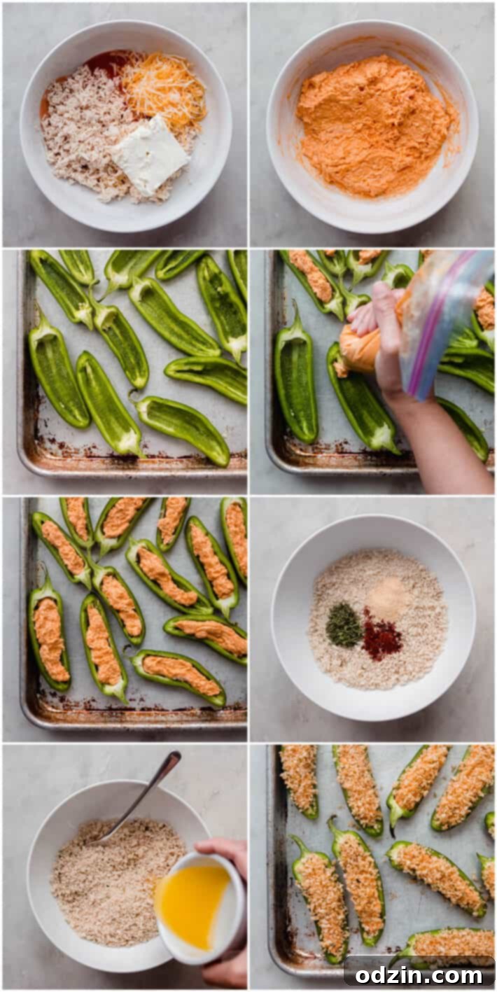 process of making the filling, filling pepper poppers, and topping with panko
