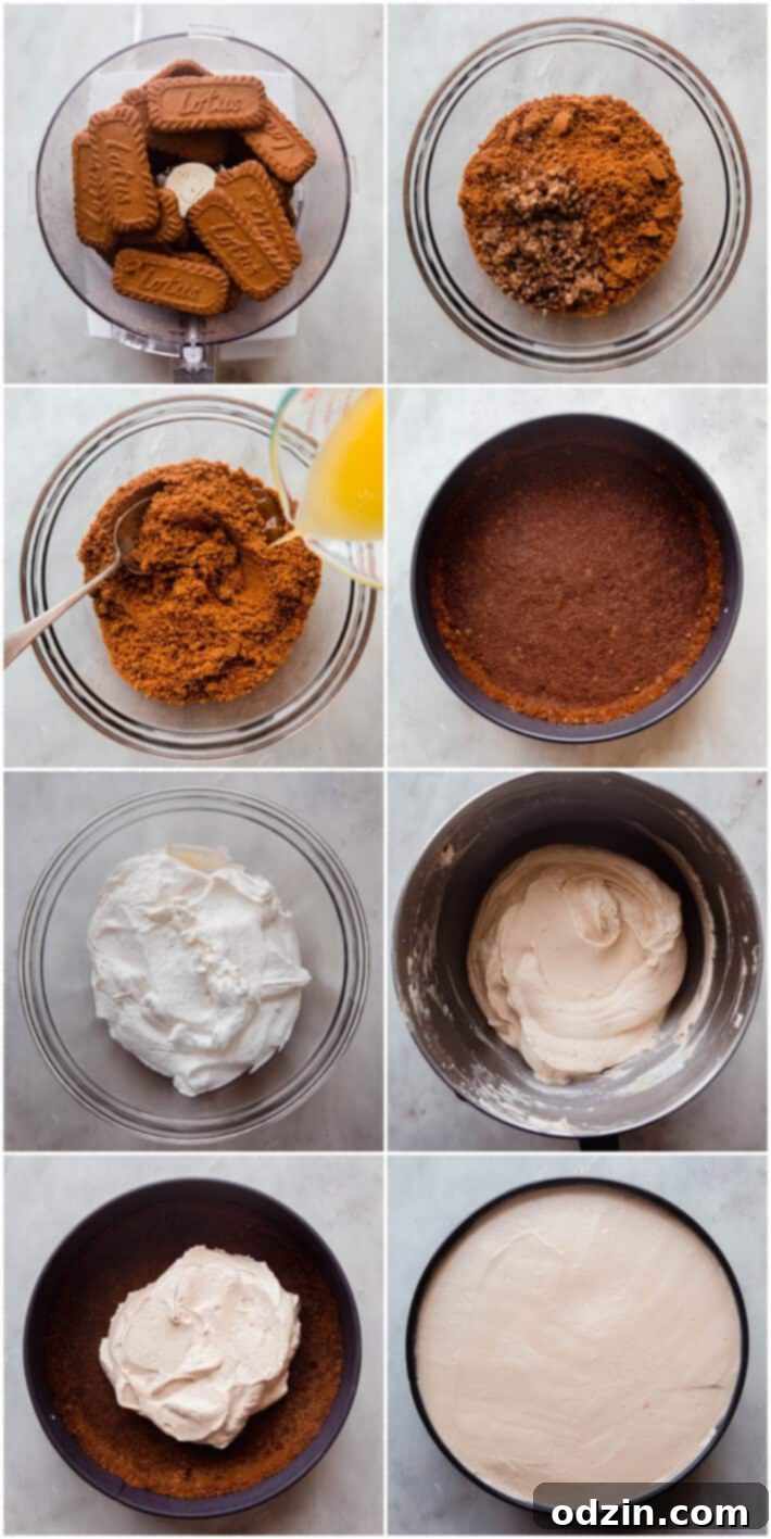 Collage showing steps for preparing the crushed cookie crust and the smooth espresso cheesecake filling.