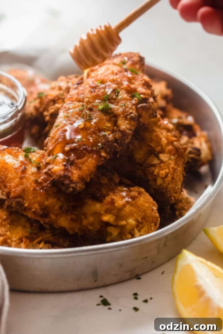 hot honey being drizzled over pretzel chicken fingers