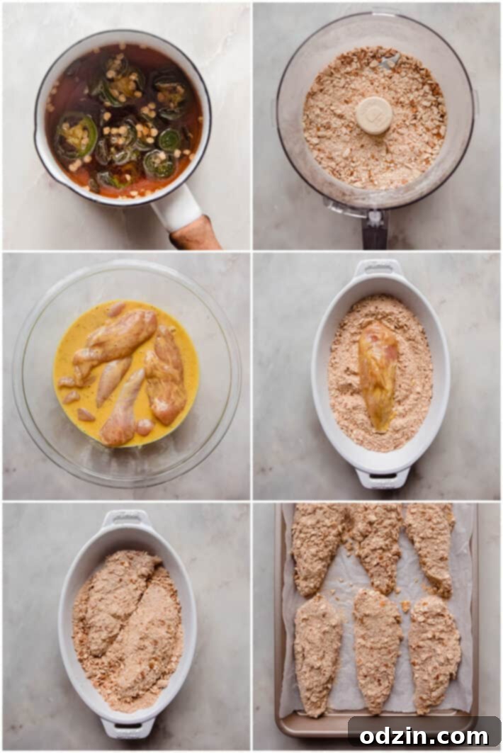 process of making hot honey and dredging pretzel chicken tenders