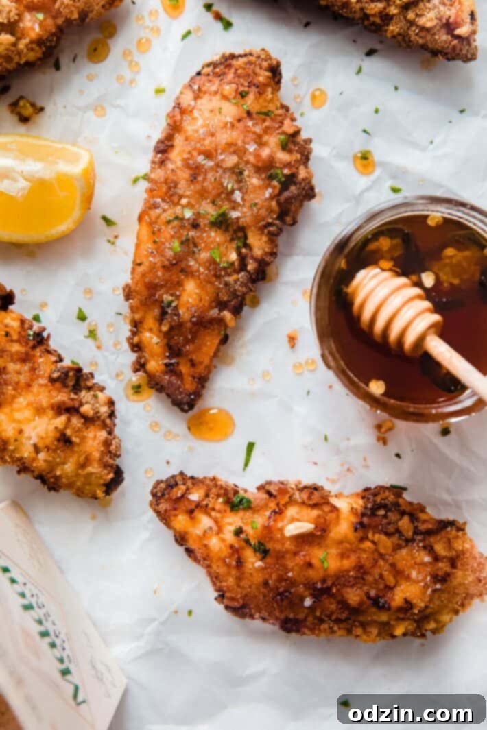 pretzel chicken fingers on parchment with jar of jalapeno hot honey