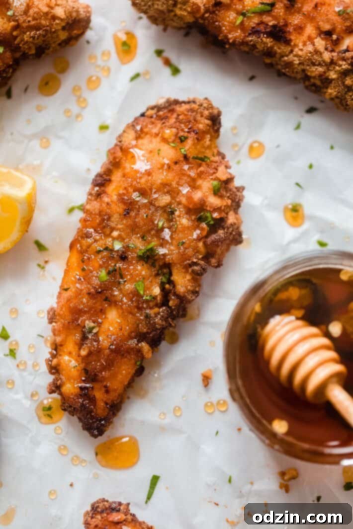 close up of pretzel coated chicken finger