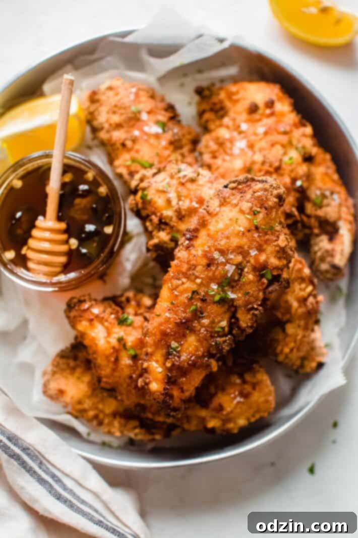 dish with prepared tenders, jar of hot honey, and lemons
