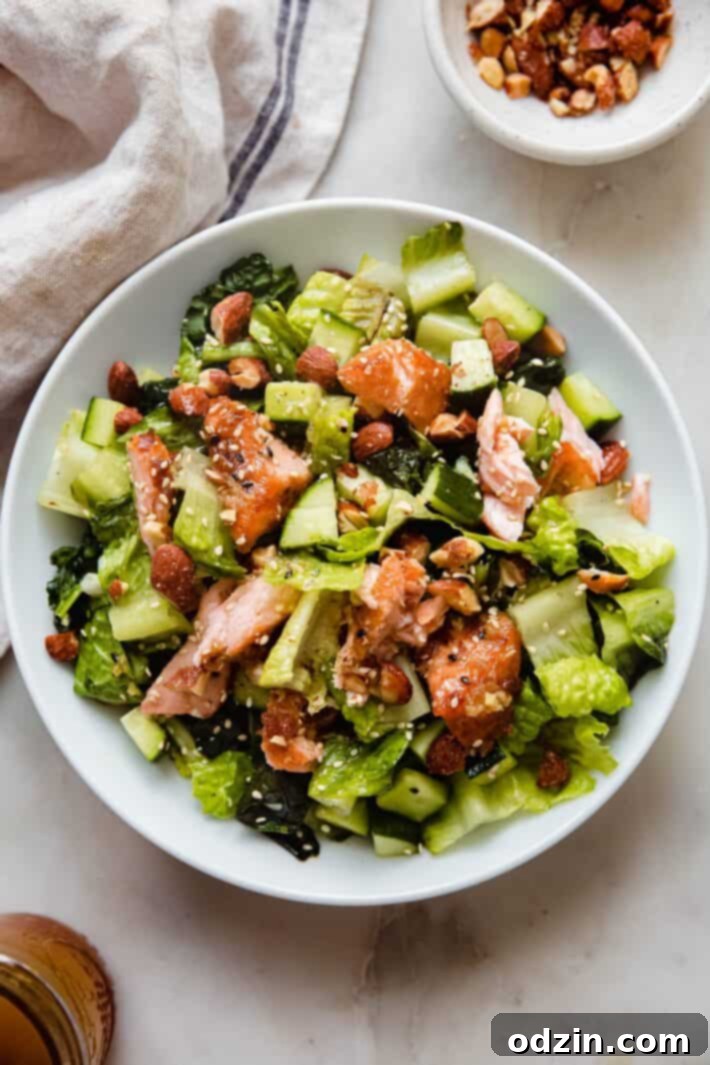 Smoky Salmon & Sesame Ginger Chopped Salad 7 prepared sesame ginger salmon salad in white bowl on white marble
