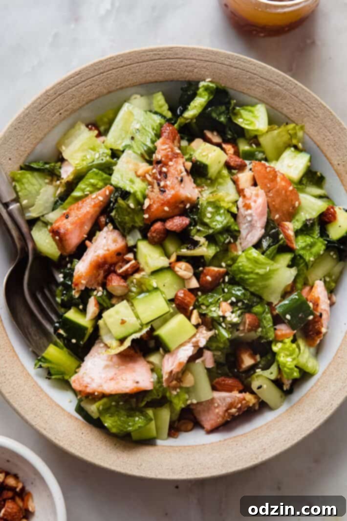 Smoky Salmon & Sesame Ginger Chopped Salad 8 sesame ginger salmon salad in rimmed dish