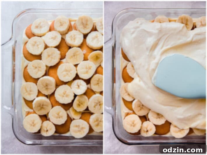 Effortless Homestyle Banana Pudding 6 layering banana pudding with wafers, bananas, and adding vanilla pudding on top
