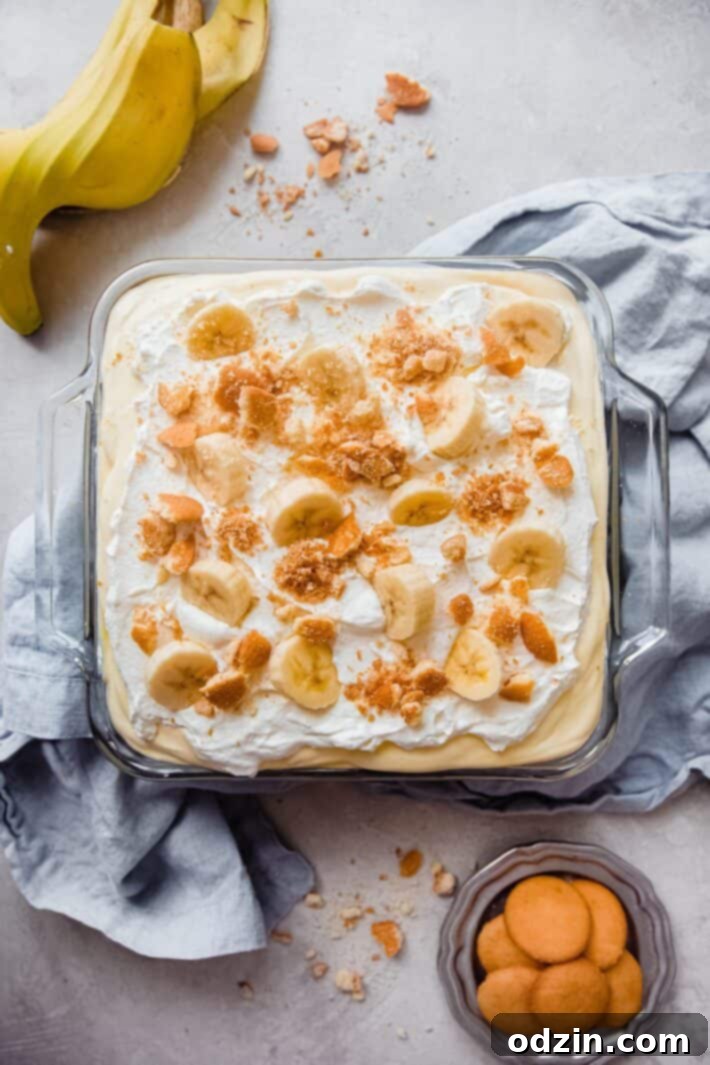 Effortless Homestyle Banana Pudding 7 dish with pudding on grey surface with towel, banana peel, and cookies