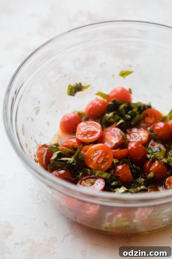 Ingredients for Tomato Basil Feta Orzo Salad laid out