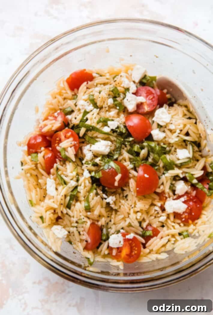 Finished Tomato Basil and Feta Orzo Salad in a bowl