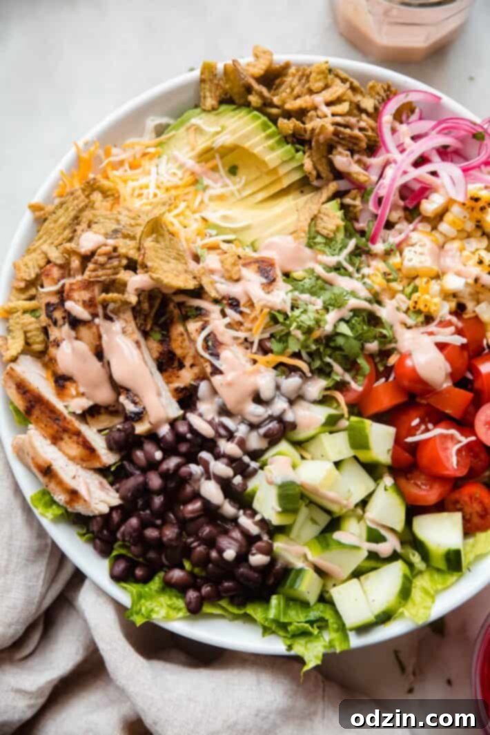 close up shot of bbq chicken salad showing texture and ingredients