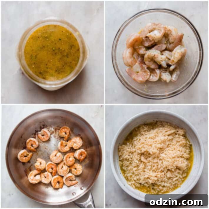 Riviera Prawn & Orzo Bowl 4 Step-by-step process of making the dressing, marinating and cooking shrimp, and preparing pasta for the salad
