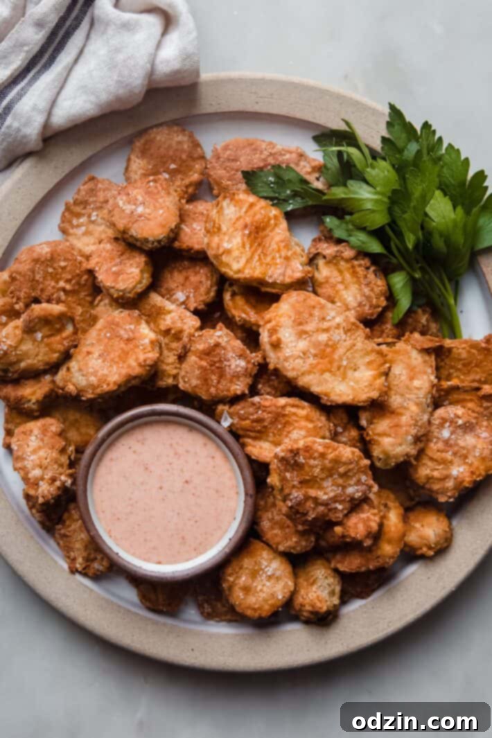 Plate of golden-brown air fryer fried pickles served with a creamy remoulade dipping sauce and fresh parsley garnish.