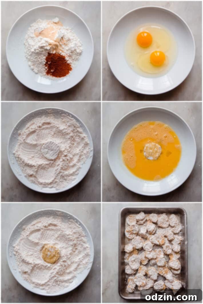 Step-by-step image showing the dredging process for air fryer fried pickles: pickle dipped in flour, then egg, then flour again, ready for air frying.