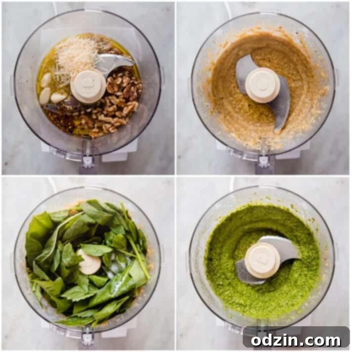A visual step-by-step guide showing the process of making walnut spinach pesto in a food processor, from combining ingredients to the final blended sauce.