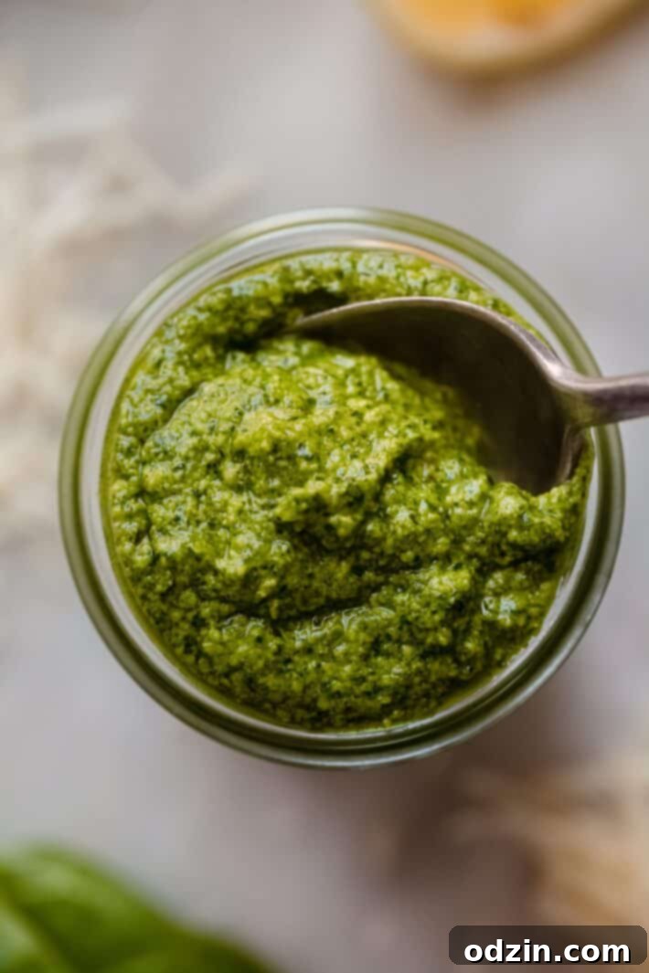 A generous serving of fresh, vibrant green spinach pesto being lifted from a glass jar with a spoon, ready to be served and enjoyed.