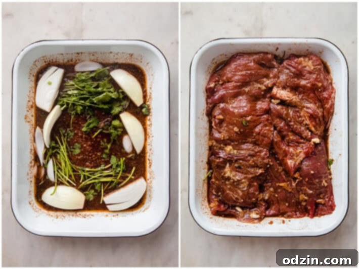 Raw flank steak submerged in a vibrant orange and spice marinade within a white enamel baking dish, ready for refrigeration.