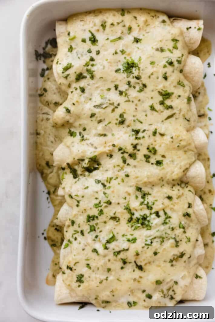 Creamy Salsa Verde Enchiladas 6 dish filled with enchiladas topped with tomatillo cream sauce