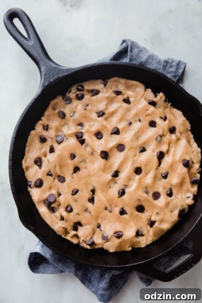 Skillet cookie served with vanilla ice cream