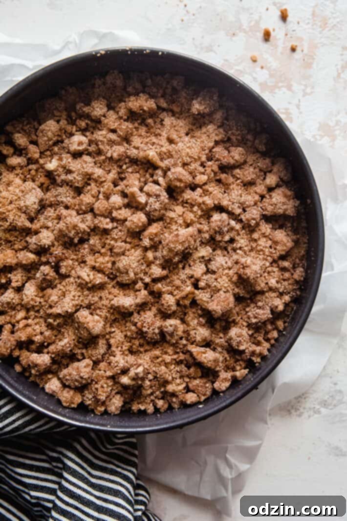 Decadent Brown Butter Cinnamon Pecan Coffee Cake 5 brown butter streusel on coffee cake before baking