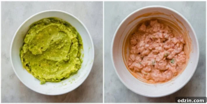 Spicy Salmon Crispy Rice Bites 4 wasabi avocado and spicy salmon mixture in separate bowls