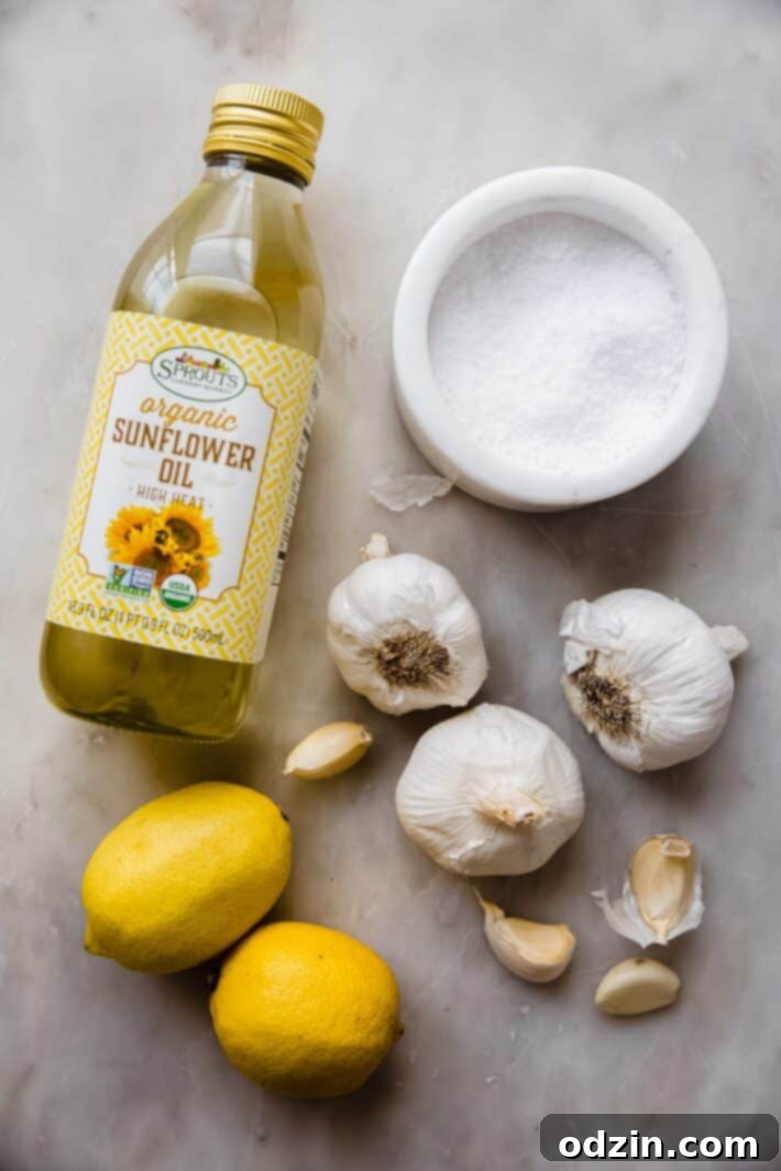 Toum: The Creamy Lebanese Garlic Sauce 4 the 4 ingredients for toum on white marble