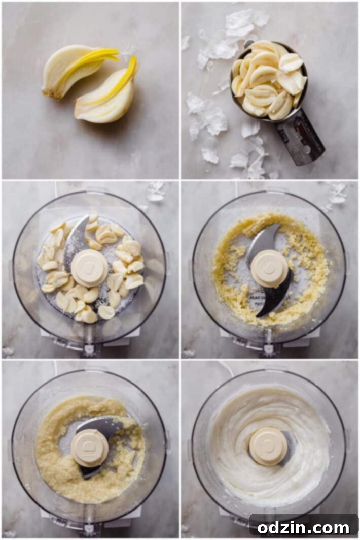 Toum: The Creamy Lebanese Garlic Sauce 5 process to show how to remove garlic germ and blend into toum