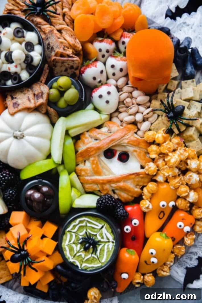 white shot of snacks on halloween snack board