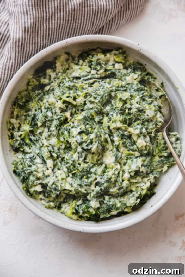Creamed spinach served in a speckled bowl with a spoon, ready to be enjoyed