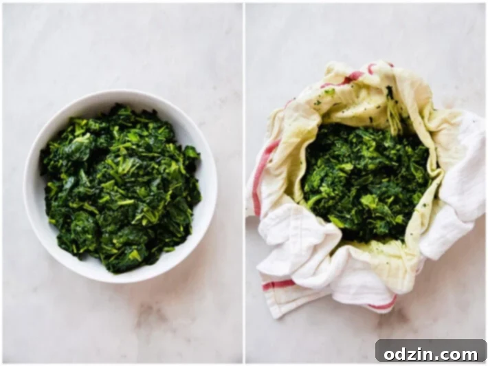 Drained frozen spinach and squeezed frozen spinach, showcasing moisture removal