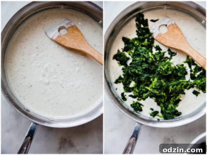The process of making creamed spinach: white sauce base and sauce combined with spinach