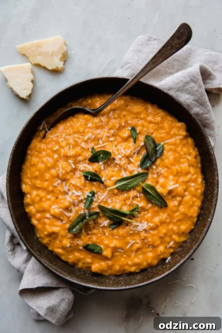 squash risotto in bowl with spoon and fried sage