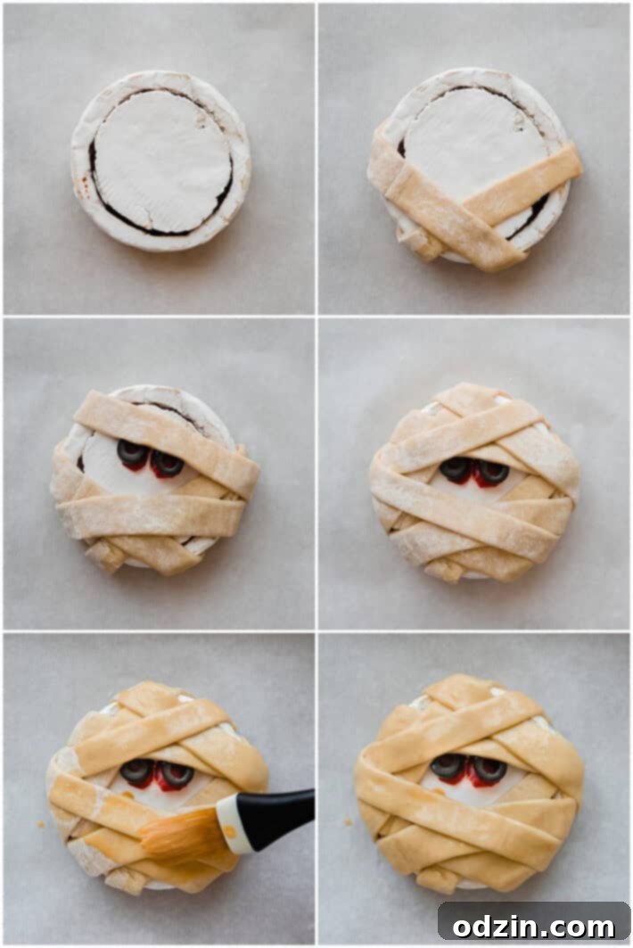 Mummy Brie Bake 5 process steps for how to wrap brie in puff pastry to look like a mummy