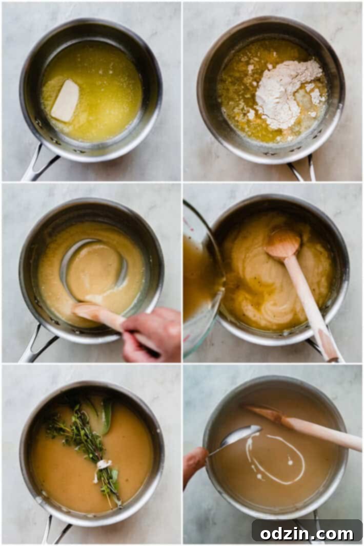 Step-by-step process of making a butter and flour roux, then transforming it into gravy