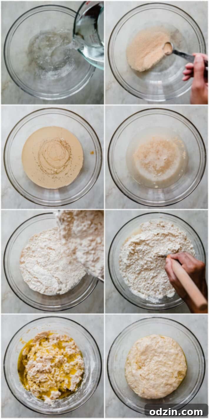 step pictures for how to mix the dough for no knead focaccia