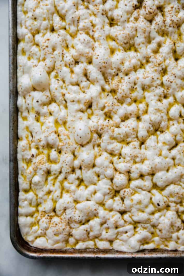 dimpled focaccia dough in baking pan.