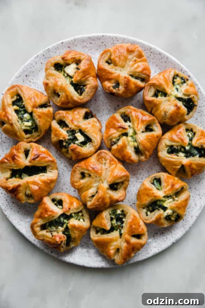 Flaky Spinach Feta Gems 7 greek spinach puffs on a speckled plate