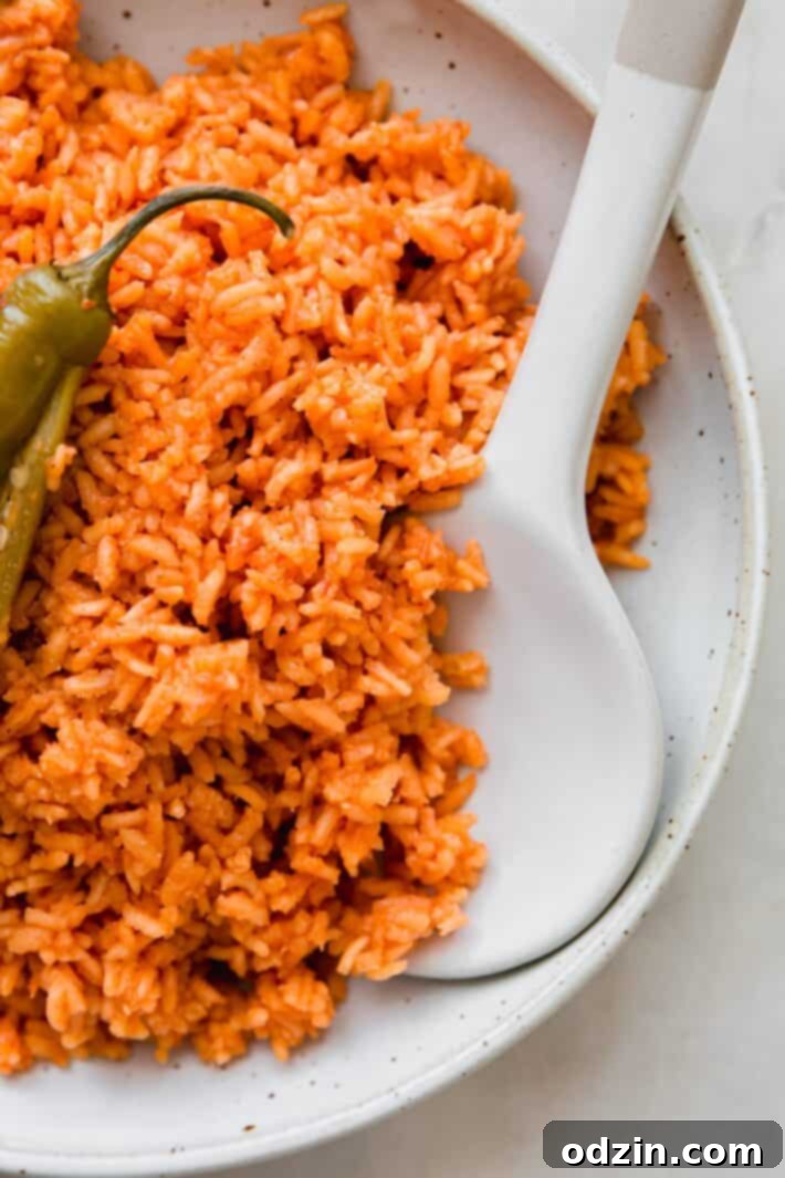 Fluffy Mexican rice served on a white plate with a ceramic spoon