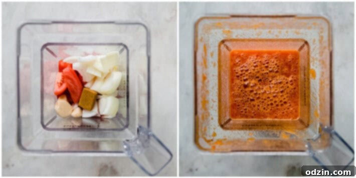 Blender with fresh tomatoes before and after blending into a smooth tomato sauce