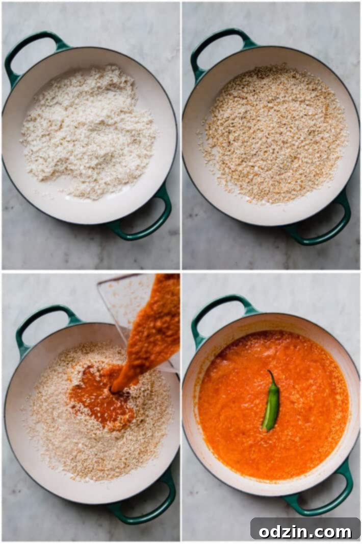 Sequential images showing rice toasting in a pan, adding tomato sauce, and simmering