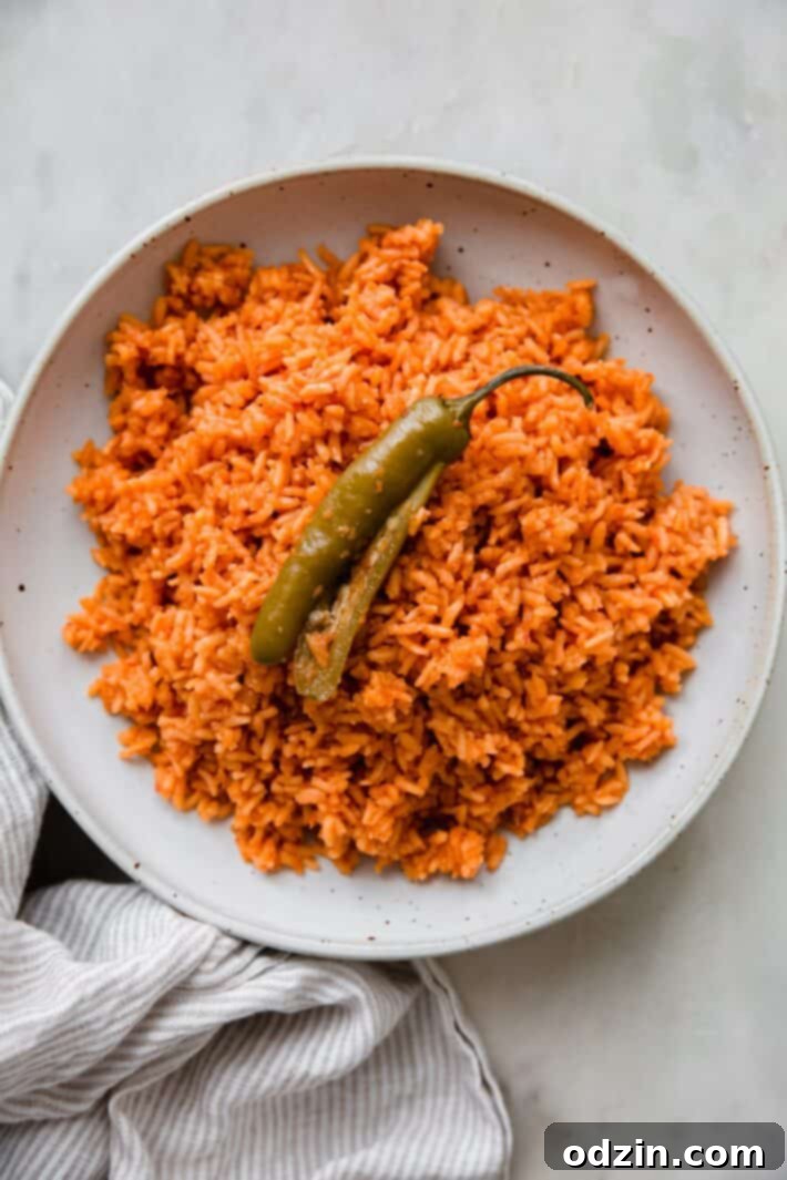 Close-up of fluffy Mexican rice in a speckled bowl with a serrano pepper on top