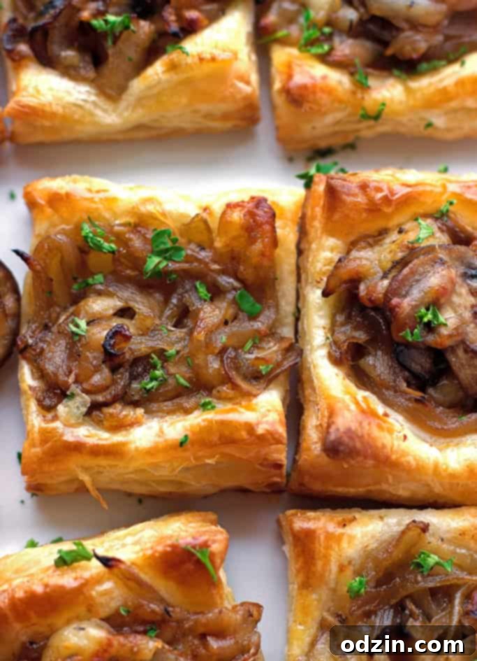 Caramelized Onion Puff Pastry Bites with Gruyere and Mushrooms