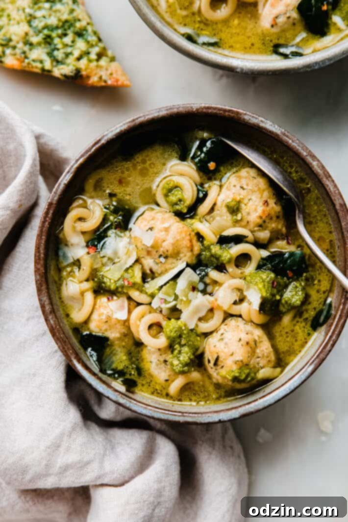 chicken meatball soup in bowl with spoon