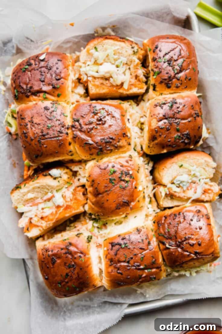 Buffalo Chicken Sliders with Ranch Blue Cheese Slaw