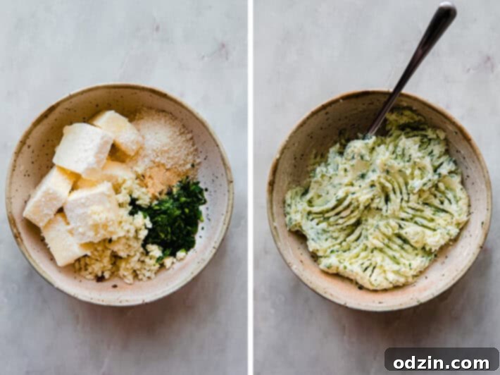 The Ultimate Garlic Bread 4 Prepared garlic butter mixture in a bowl on white marble
