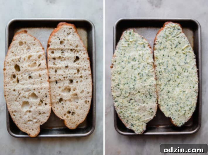 The Ultimate Garlic Bread 5 Rustic Italian bread loaf generously topped with garlic butter, ready for baking